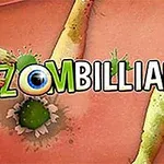 Názov Zombilliards s okom namiesto písmena O a zelenými príšerami na pozadí