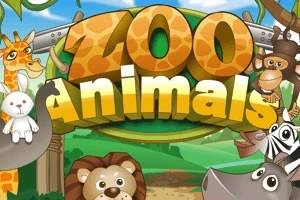Nápis Zoo Animals obklopený kreslenými zvieratami ako žirafa, opica, lev a zebra na farebnom pozadí