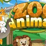 Nápis Zoo Animals obklopený kreslenými zvieratami ako žirafa, opica, lev a zebra na farebnom pozadí