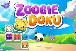 Farebné kreslené zvieratká a nápis Zoobie Doku na modrom nebi s oblaky a zelenou krajinou