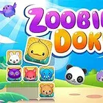 Farebné kreslené zvieratká a nápis Zoobie Doku na modrom nebi s oblaky a zelenou krajinou