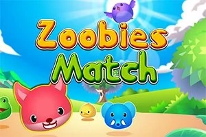 Farebné kreslené zvieracie postavičky na lúke s nápisom Zoobies Match na jasne modrej oblohe