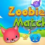 Farebné kreslené zvieracie postavičky na lúke s nápisom Zoobies Match na jasne modrej oblohe