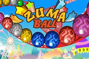 Farebná grafika s nápisom Zuma Ball uprostred, obklopená farebnými guľami a pozadím s kolotočom a hravými motívmi