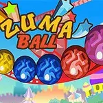 Farebná grafika s nápisom Zuma Ball uprostred, obklopená farebnými guľami a pozadím s kolotočom a hravými motívmi